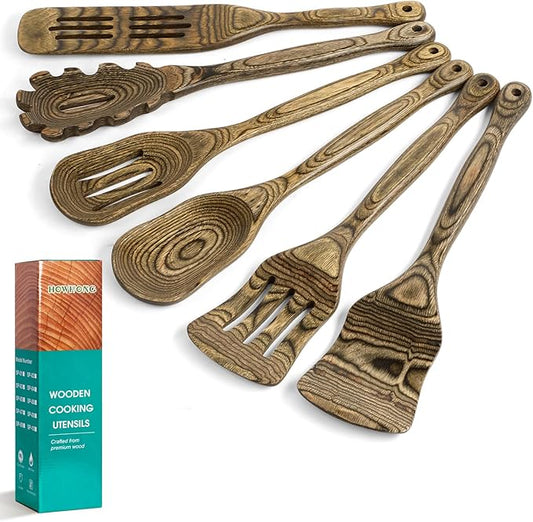 Wooden Spoons for Cooking, Pakkawood Kitchen Utensil Set Granite, Premium Durable Wooden Utensils for Nonstick Cookware, Heat Resistant, Smooth Finish, Comfortable Grip, 6 Piece