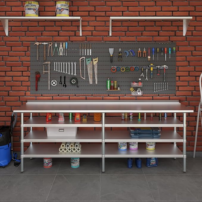 AmGood Stainless Steel Work Table with 1.5" Backsplash and 3 Shelves | Metal Kitchen Food Prep Table | NSF (96" Long x 24" Deep)