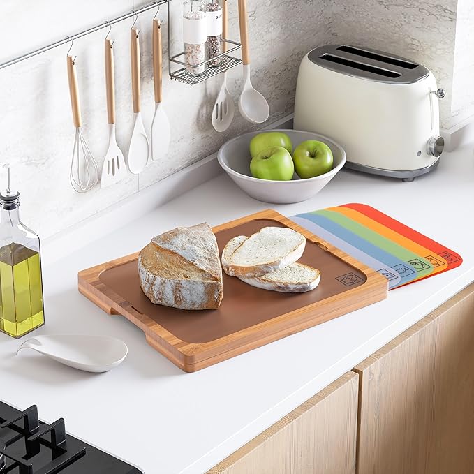 Seville Classics Bamboo Premium Wood Cutting Board Serving Tray w/ 7 Color-Coded BPA-Free Mats, for Chopping Bread, Cheese, Fruits, Vegetables, Meats, Charcuterie (PATENTED), Bamboo (NEW MODEL)