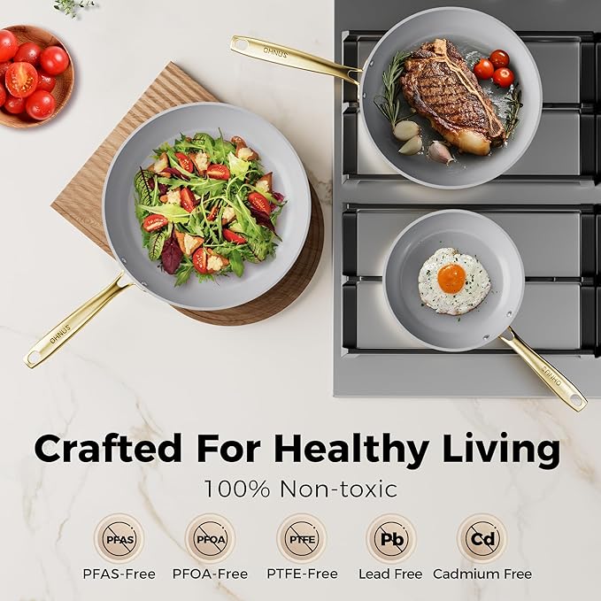 Sanho 3-Piece Nonstick Frying Pan Set with Diamond-Titanium Ceramic Coating, PFAS/PFOA Free - 8, 10 & 12 Inch Skillets - Oven & Dishwasher Safe, Induction Compatible, Cool Touch PVD Handle