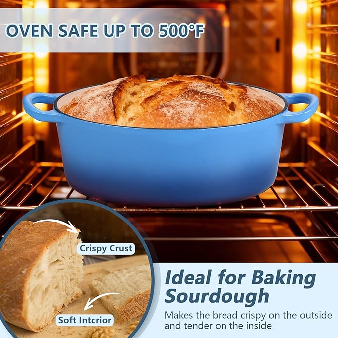 P&P CHEF Oval Dutch Oven with Lid, Enameled Cast Dutch Oven Pot for Bread Baking, Braising, Stewing, Roasting, Non-Stick & Oven Safe, Dual Handles & Easy Clean, 7QT & Blue, Valentine's Day