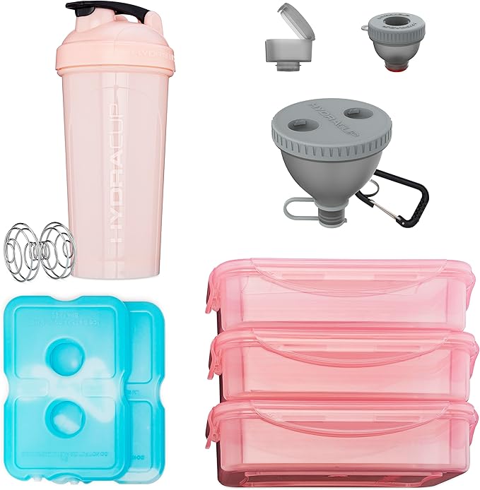 Hydra Cup Insulated Lunch Bag with Containers - Meal Prep Bag Included, Ice Packs, Shaker Bottle, Protein Funnels & Luggage Strap, Travel Meal Bag, Pink