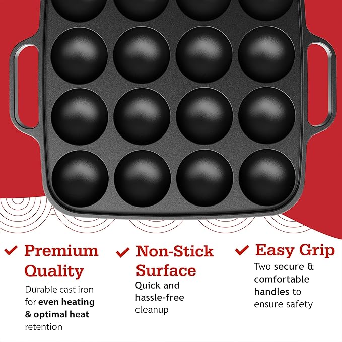 Otafuku Takoyaki Plate, Cast Iron Japanese Grill for Cooking Takoyaki Balls, Silicon Coated Pan (16 Holes)