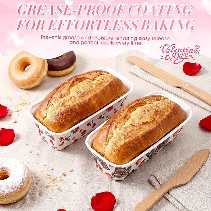 Honeydak 100 Sets Mini Loaf Baking Pans Bulk Paper Loaf Pans for Baking 6.3 x 2.2 x 2.2 in Romantic Disposable Serving Tray Heart Rose Chocolate Pattern Party Supplies (Valentine)