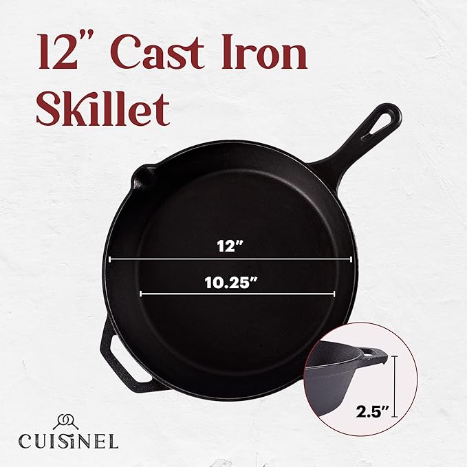 Cuisinel Cast Iron Skillet with Lid - 12"-Inch Frying Pan + Glass Cover + Silicone Handle Holder - Pre-Seasoned Oven Safe Cookware - Indoor/Outdoor Use - Grill, BBQ, Fire, Stovetop. PFAS and PFOA-free