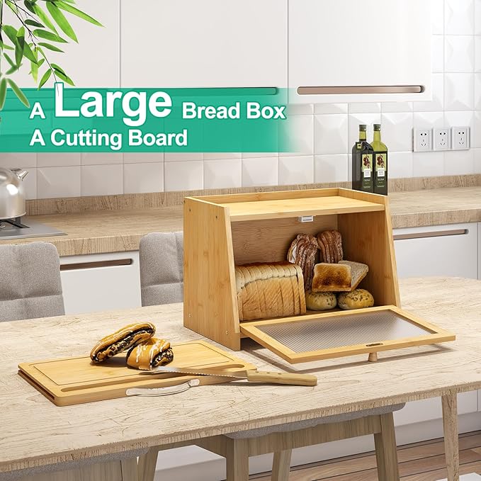 Bread Box with Cutting Board, Bamboo Bread Box for Kitchen Counter, Bread Storage Container with Wavy Arcylic Transparent Door (Natural)