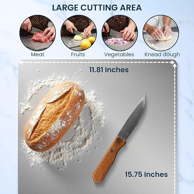 Stainless Steel Cutting Boards for Kitchen - Food-Grade 304 - Suitable for Meat, Fruits, Veggies, & Bread- Large-sized Chopping Boards with Lip - 11.81x15.75 in