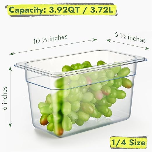 CURTA 6-Pack 1/4 Size 6" Deep NSF Polycarbonate Food Pans with Handled Lids & Drain Trays | Dishwasher & Freezer Safe Clear Container for Prep Tables, Buffet, Salad Bar, Commercial & Home Kitchen