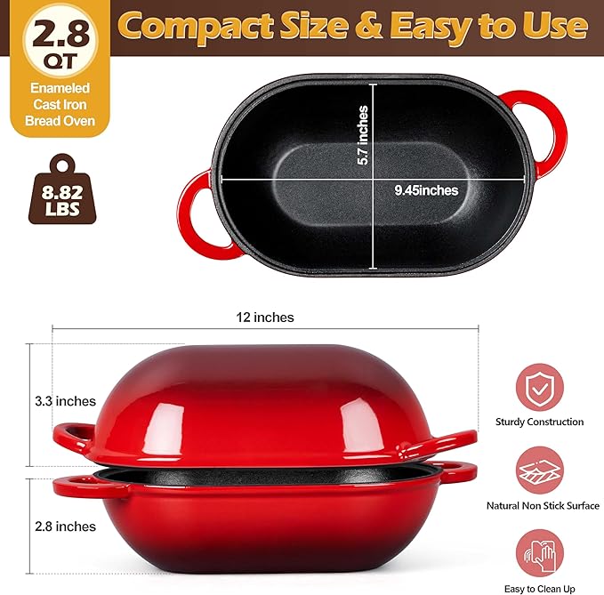 Homikit Enameled Cast Iron Dutch Oven for Bread Baking, 2.8 QT Oval Bread Oven Pot with Lid, 9.5 x 5.7 Inch Sourdough Loaf Baking Pan for Homemade Bread, Heavy Duty & Oven Safe, Red