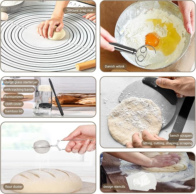 4 Color Complete sourdough bread makin Starter Kit,Sourdough Bread Baking Supplies for Beginner with Pot, Banneton Bread Proofing Baskets, Starter Jar, Scraper, Bread Making Tools & More (Blue)
