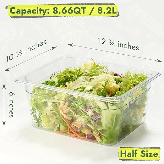 CURTA 4-Pack 1/2 Size 6" Deep NSF Polycarbonate Food Pans with Handled Lids & Drain Trays | Dishwasher & Freezer Safe Clear Container for Prep Tables, Buffet, Salad Bar, Commercial & Home Kitchen