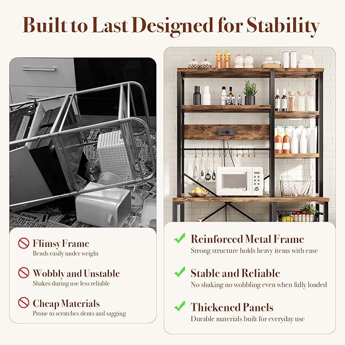 Kitchen Bakers Rack with Storage, 6-Tier Coffee Bar Station with Power Outlet, Microwave Stand with 12 S-Shaped Hooks, Open Kitchen Storage Shelves for Spices, Pots and Pans, Rustic Brown