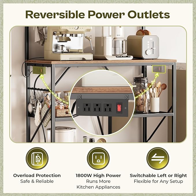 Huuger 4-Tier Bakers Rack with Reversible Power Outlet, 31.5 Inch Microwave Stand, Kitchen Coffee Bar, with Top Shelf, 6 S Hooks, Rustic Brown