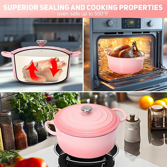 5QT Enameled Cast Iron Dutch Oven for Bread Baking with Lid, Sourdough Baking Supplies with Proofing Basket, Bread Making Tools Set, Heavy-Duty Cookware for Braising, Stews, Roasting (Pink)