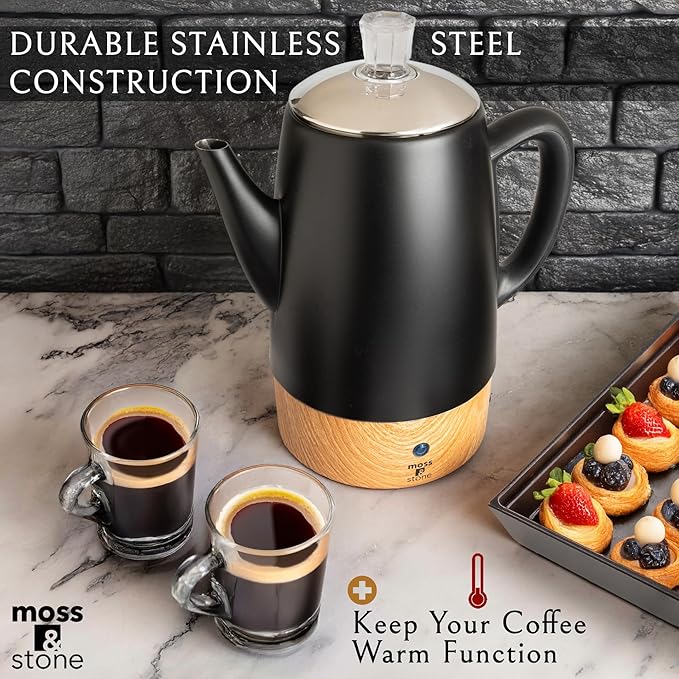 Moss & Stone 10 Cup Black Percolator Coffee Pot Electric, Stainless Steel Coffee Percolator Electric With Keep Warm Function, Classic Perculator Pot With Removable Basket for Home or Office
