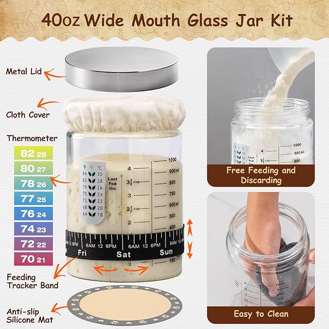 Sourdough Starter Kit, Sourdough Bread Baking Supplies,40oz Sourdough Starter Jar, 9" Round & 10"Oval Rattan Banneton Bread Proofing Baskets Set, Bread baking tools,Silicone bread Sling