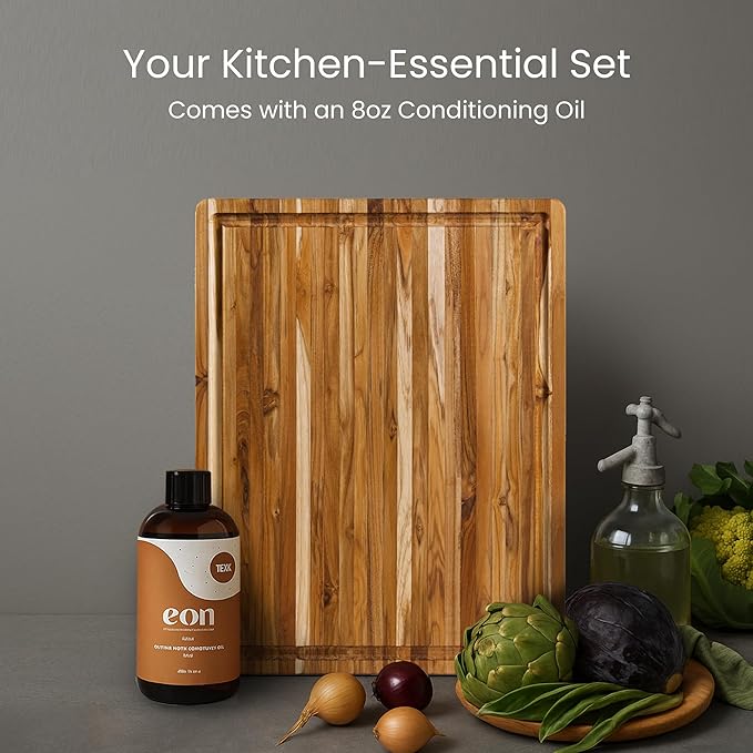 Teakhaus Carving Board and Cutting Board Oil Set - Includes Medium (M) Wood Cutting Board with Grip Handles and EON Food Grade Mineral Oil - Knife-Friendly - FSC Certified