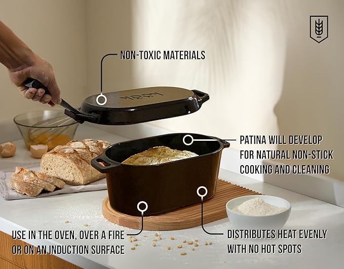 KooK Dutch Oven with Lid, Enameled Cast Iron Bread Baker, Dual Handles, 3.4 Qt, Oval, Includes Banneton Proofing Basket with Liner, Artisan Sourdough Bread Baking Set
