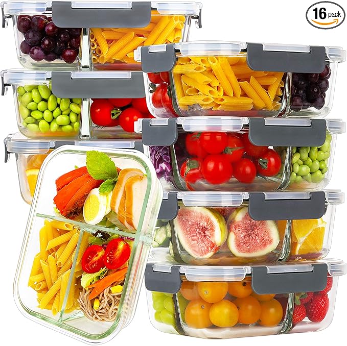 Bayco 8 Pack Glass Meal Prep Containers 3 Compartment, Glass Food Storage Containers with Lids, Airtight Lunch Bento Boxes, Leak Proof (8 lids & 8 Container) - Grey