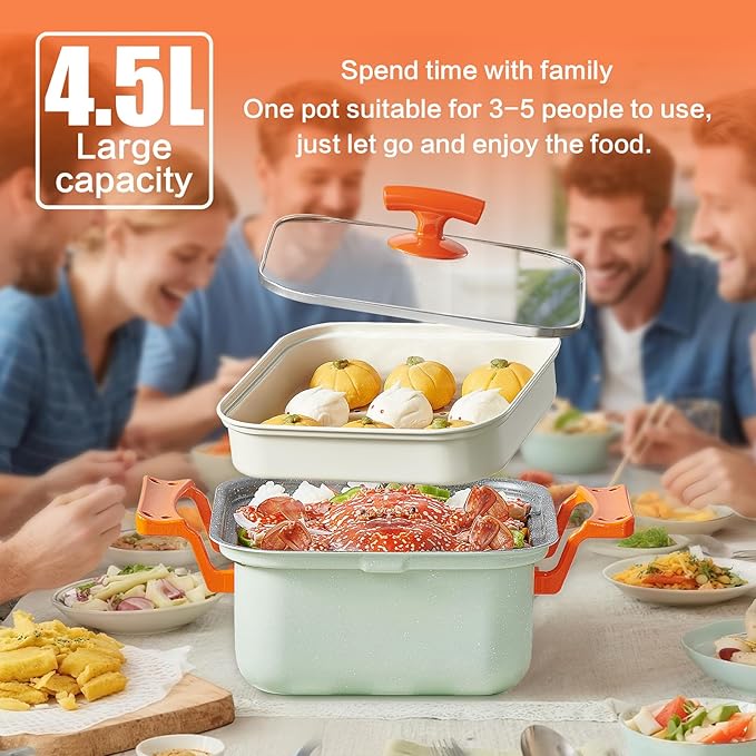Deep Fryer & Steamer Pot - Nonstick Maifan Stone Coating, Fry, Steam, Sauté & Braise, Easy-Clean, 4.5L/152oz Capacity with Glass Lid, Metal Steamer Rack, and Stainless Steel Fry Basket