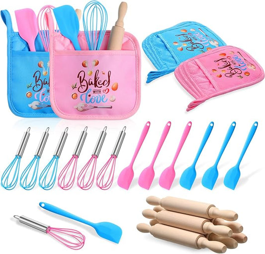 24 Pcs Kids Mini Baking Supplies with Kitchen Utensil, Pot Holders, Spatula, Rolling Pin, Whisk for Kids Classroom School Exchange Party Favors (Medium)