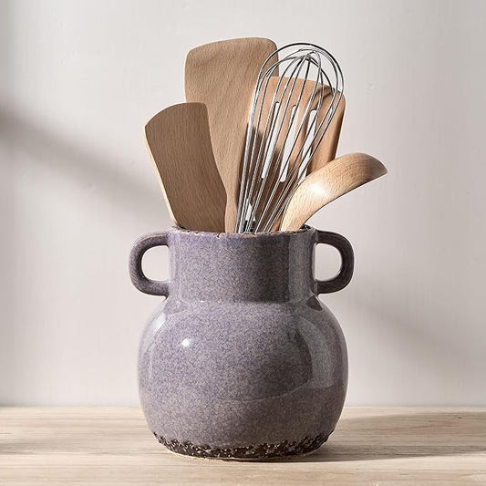 JIEMEI HOME Kitchen Utensil Holder with Handle, 6.85" Ceramic Farmhouse Stable Utensil Crock for Countertop, Utensil Organizer with Cork Bottom, Spatula Holder For Kitchen Decor, Purple
