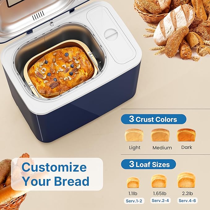 2.2LB Bread Maker, 21-in-1 Programmable Bread Machine with Digital Touch Panel, 3 Loaf Sizes 3 Crust Color, Keep Warm, 15H Timer, Blue Bread Making Kit & Breakfast Maker with Nonstick Pan