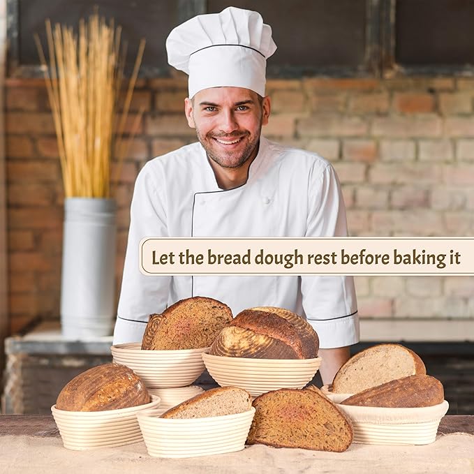 Sourdough Bread Baking Supplies Kit – Extra-Large 11” Oval Banneton Proofing Basket Set of 2 with Linen Liners, Bread Lame, Danish Whisk & Dough Scrapers – Ideal for Family-Size Loaves