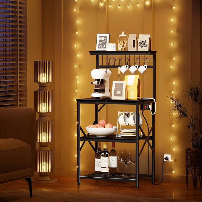 Furologee Kitchen Bakers Rack with Power Outlet, Microwave Oven Stand with Storage 4 Tiers, Coffee Bar Table with 6 S Hooks, Kitchen Storage Shelf Rack for Spices, Pots,Black