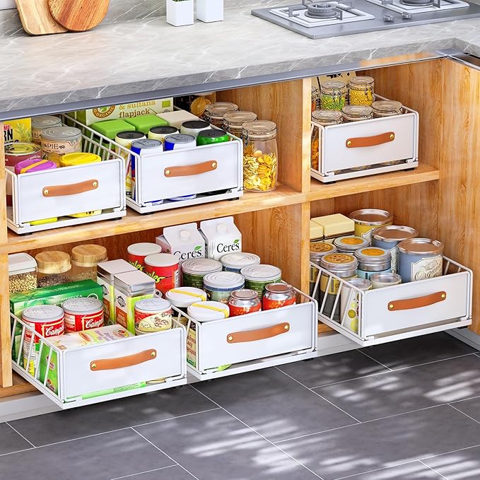 Pull out Cabinet Organizer Fixed with Adhesive Nano Film,Heavy Duty Slide out Pantry Shelves Drawer Storage,Sliding Mesh Basket with Handle for Kitchen, Bathroom,Home, 11.8W"X 15.7D"X6.2"H(4PCS)