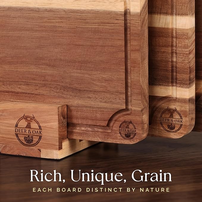 Pre-Oiled, Non Toxic 3-Piece Acacia Cutting Board Set with Stand, FSC Certified Wooden Chopping Boards, Includes 100ml Chopping Board Oil, 3 Size Wood Carving Boards for Home, BBQ Kitchens, Deer & Oak