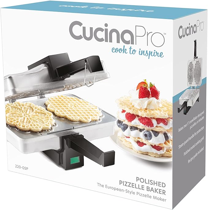Pizzelle Maker- Polished Electric Baker Press Makes Two 5-Inch Cookies at Once, Even Heating Plates- Must Have Party Baking Supplies - Italian Easter Dessert Treat Making w Recipe Guide- Gift for Her