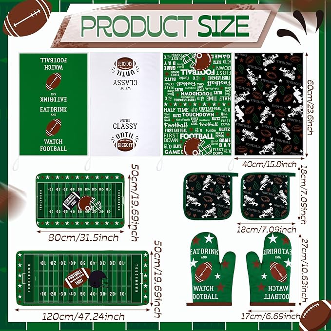 10 Pcs Football Kitchen Decor Oven Mitts and Pot Holders Sets Football Dish Towels Pot Holders Sports Kitchen Rugs and Mats for Women Reusable Cooking Grilling Accessories Mom Gift