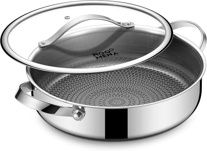 Saute Pan with Lid, Hybrid Ceramic Nonstick 12 Inch 5-Quart Tri-Ply Stainless Steel Everyday Pan, PFAS/PFOA/PTFE Free, Metal Utensil Safe, Dishwasher & Oven Safe, Induction Compatible