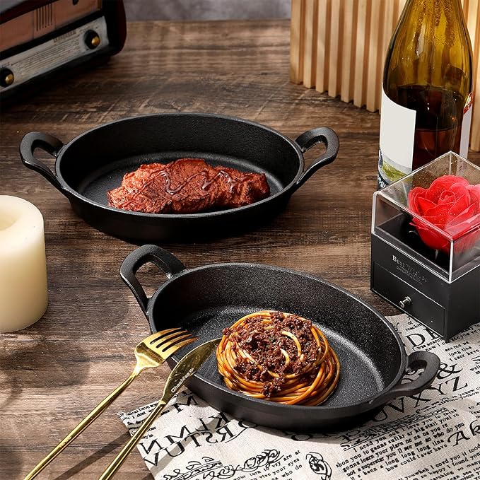 Mifoci 2 Pack Mini Cast Iron Fajita Skillet, 8.5" x 6.1" Oval Sizzling Steak Plate Pan Small Ramekin Set Black Casserole Dish for Stove Oven Grill Restaurant Kitchen Indoor Outdoor Picnic