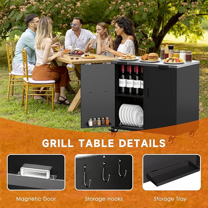 Outdoor Grill Table, Movable Grill Cart with Door, Outdoor Grill Stand with Large Capacity ＆ Hooks, 2 Tier Pizza Oven Table for Outdoor Use