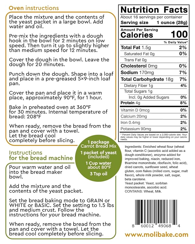 Molibake Carrot Bread Mix - All-Natural Baking Mix for Bread Machine and Oven - 15 oz Mix with Dried Carrots, Oat Flakes, Sunflower Seeds - Easy-to-Use Bread Maker Mix for Homemade Baking