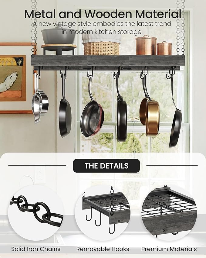 Hanging Pot Rack, 35.4" L x 13" W Ceiling Pot Hanger, Industrial Style Pot Rack, Wall Mounted Pot Hanger for Kitchen, Pot and Pan Hanging Rack, with Hooks, Charcoal Black and Black TPR12BCC1