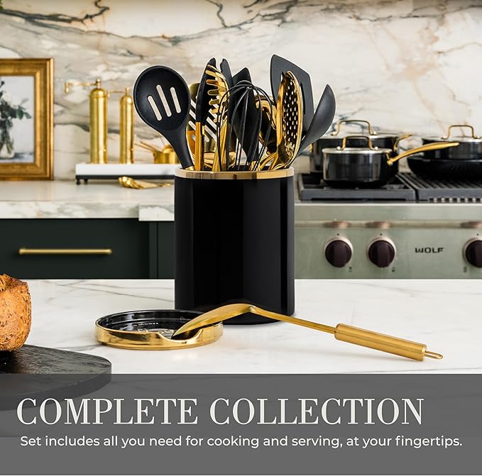 STYLED SETTINGS Black and Gold Cooking Utensils Set - 13-Piece Kitchen Set with Black Ceramic Utensil Holder and Stackable Gold Spoon Rest - Luxury Kitchen Accessories for Stylish Cooking and Serving