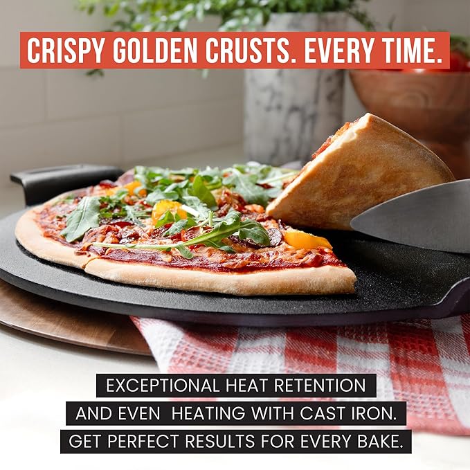Chef Pomodoro Cast Iron Pizza Pan, Pre-Seasoned Dosa Pan with Handles, Flat Pan for Oven, Round Griddle for Dosa Tawa Roti, Comal for Tortillas, Baking Stove, Oven, Grill BBQ and Campfire (15-inch)