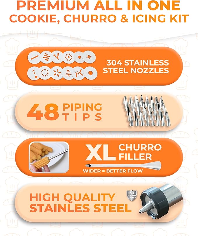 KneadEat Premium 68pc Churro Maker - Spritz Cookie Press Gun Kit - Icing Gun. 12 Cookie and Churro Discs. 48 Icing Tips. XL Filler. Piping Bag. Brushes. For Churros, Cookies and Cake Decorating.