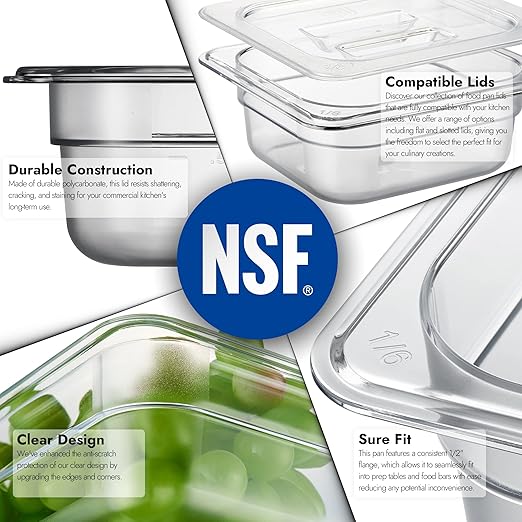 CURTA 6-Pack 1/6 Size 2.5" Deep NSF Polycarbonate Food Pans | Dishwasher & Freezer Safe Clear Container for Prep Tables, Buffet, Salad Bar, Commercial & Home Kitchen