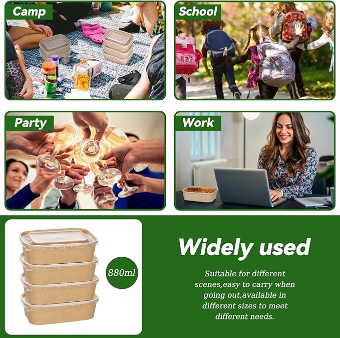 DI QIU REN 50-Pack 29oz Disposable Kraft Paper Bowls【with Lids and Forks】,Meal Prep Containers Disposable To go Food Containers Christmas Take Out Containers, Microwave Safe for Hot/Cold Food