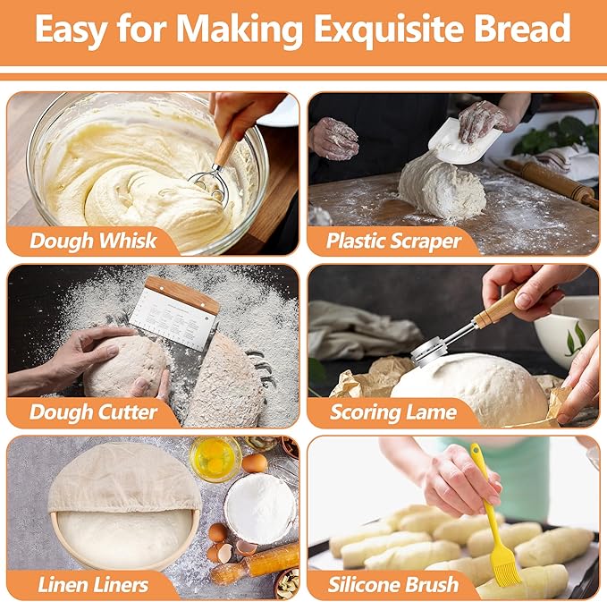 E-far Bread Proofing Basket Set of 2, 9 Inch Round Sourdough Bread Baking Supplies, Complete Sourdough Starter Kit for Beginners