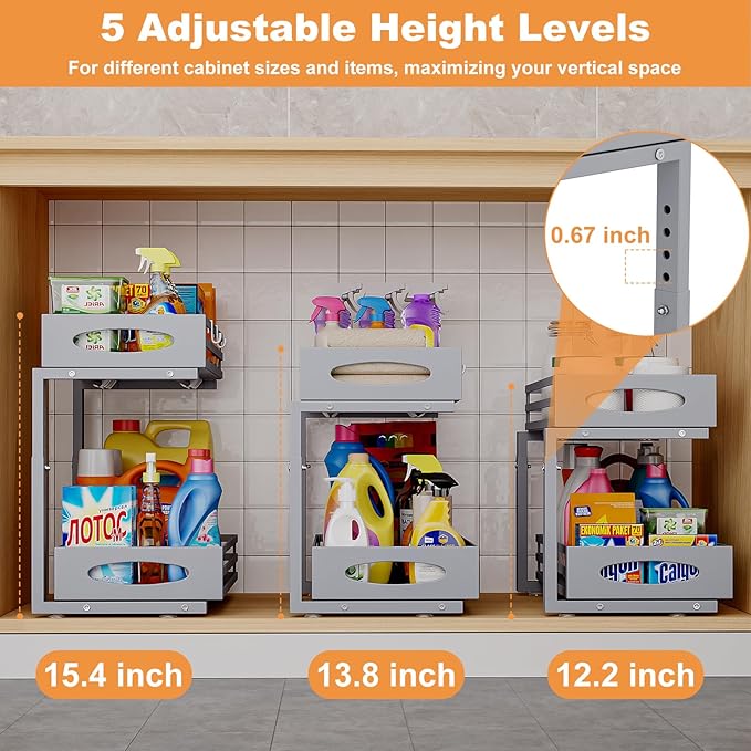Under Sink Organizer, 2 Tier Under Sink Organizers and Storage, Adjustable Height, Slide out Metal Cabinet Organizers, Pull out Cabinet Storage Drawer Shelf for Kitchen Bathroom (Gray, 2Pack)