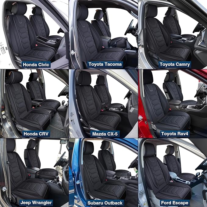 OASIS AUTO Car Seat Covers Front Seats, Sporty Honeycomb Waterproof Faux Leather Protectors, Universal Fit for SUV, Sedan, Truck Interior Accessories (OS-004 Black)