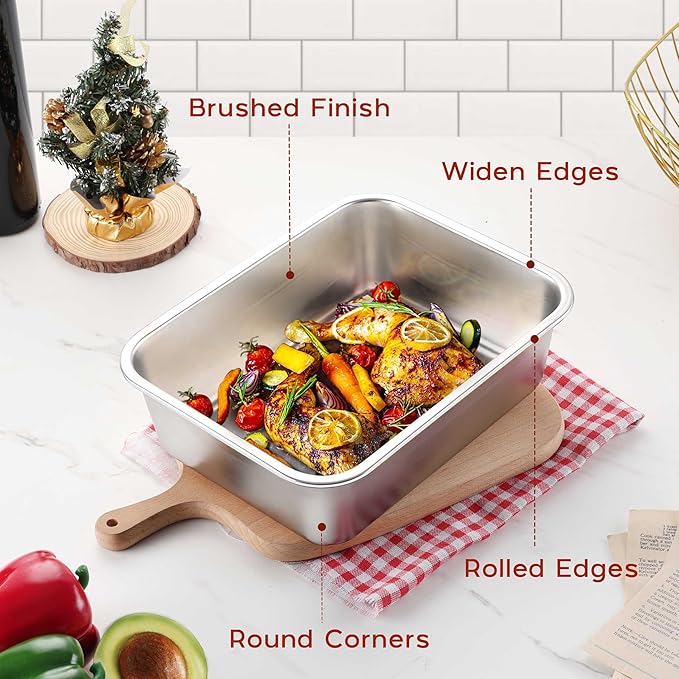 Onader 10⅝ x 8¼ Inch Lasagna Pan Deep Set of 2, Stainless Steel Rectangular Baking Cake Pan, Dishwasher Safe