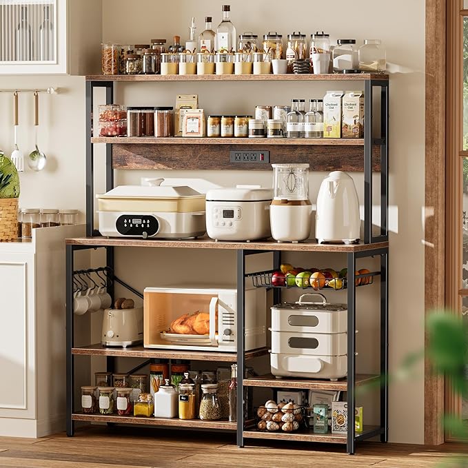 SUPERJARE Bakers Rack with Power Outlet, 47.2 Inches Coffee Bar with Wire Basket, Kitchen Microwave Stand with 6 S-Shaped Hooks, Open Storage Shelves, Rustic Brown