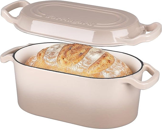 Oval Dutch Oven Pot with Lid, Enamel Coating Cast Iron Bread Pans for Homemade Sourdough Bread Baking, Cooking, 4 Quart, Latte