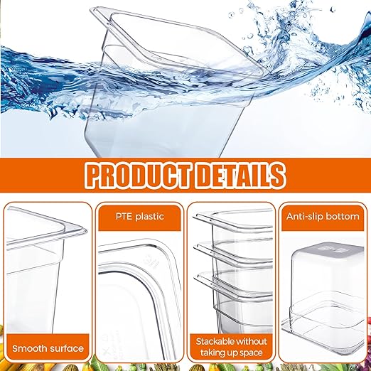 Rtteri 22 Pcs 1/6 Size Clear Plastic Pans Set: 16 Food Prep Containers & 2 Tongs & 4 Spoons for Salad Bar Buffet Restaurant Hotel Commercial Home for Fruit Vegetable Sauce Bean Corn Deli(6 Inch Deep)